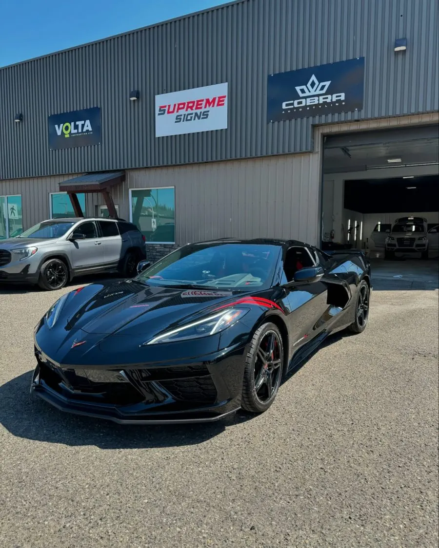 Black Corvette outside the shop after an XPEL Fusion Plus ceramic coating